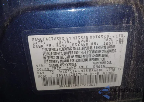 2019 Nissan Sentra S z USA, uszkodzony, nr VIN 3N1AB7AP2KY240617